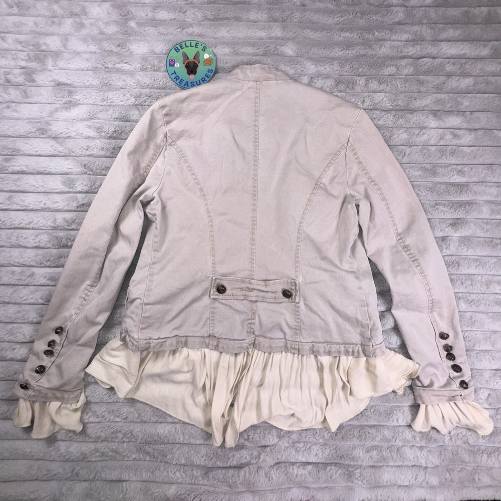 Free People XS Ruffle Romance Tan Open Cardigan Jacket Buttons Pocke Military - Picture 10 of 10